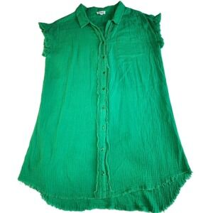 UMGEE Shirt Dress Womens Medium Green Cotton Gauze Raw Hem Relaxed Coastal Beach